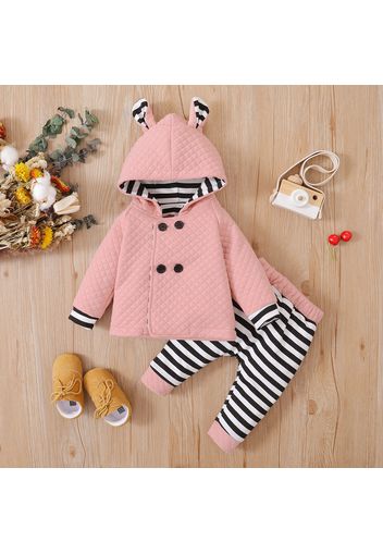 2pcs Baby Boy/Girl Double Breasted Hooded Long-sleeve Quilted Thickened Outwear and Striped Trousers Set