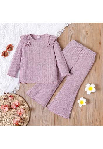 2pcs Toddler Girl Ruffled Lettuce Trim Long-sleeve Solid Color Tee and Flared Pants Set