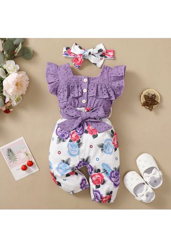 2pcs Baby Girl 100% Cotton Solid Eyelet Embroidered Square Neck Flutter-sleeve Splicing Floral Print Jumpsuit with Headband Set