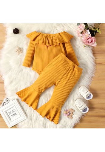 Baby Girl 2pcs Solid Ribbed Ruffle Long-sleeve Romper and Flared Pants Set