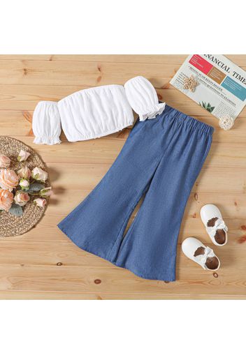 2pcs Toddler Girl Off Shoulder Short-sleeve White Top and Flared Denim Jeans Set