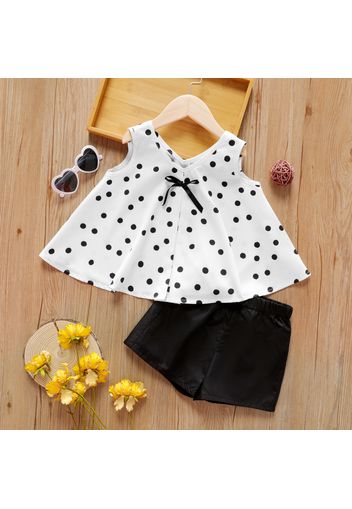 2-piece Toddler Girl Polka dots Bowknot Design V Neck Sleeveless Tee and Black Shorts Set