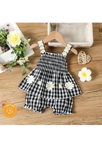 100% Cotton 2pcs Baby Girl 3D Floral Applique Detail Shirred Gingham Cami Top and Shorts Set