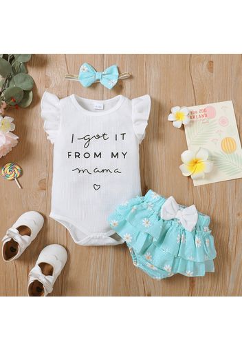 3pcs Baby Girl Letter Print Waffle Flutter-sleeve Romper and Floral Print Layered Textured Shorts with Headband Set