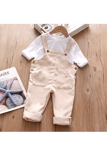 2-piece Toddler Girl/Boy Long-sleeve White T-shirt and Button Design Corduroy Overalls Set