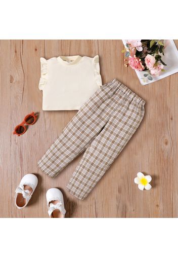 2pcs Toddler Girl Ribbed Flutter-sleeve Tee and Plaid Pants Set