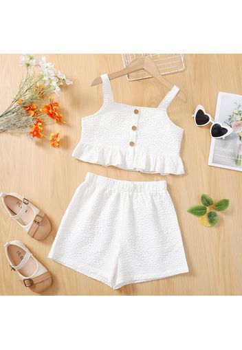 2-piece Kid Girl Button Design Ruffle Hem Camisole and Solid Color Shorts Set