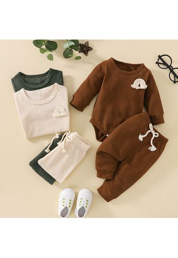 2pcs Baby Boy/Girl Rainbow Design Solid Waffle Long-sleeve Romper and Trousers Set