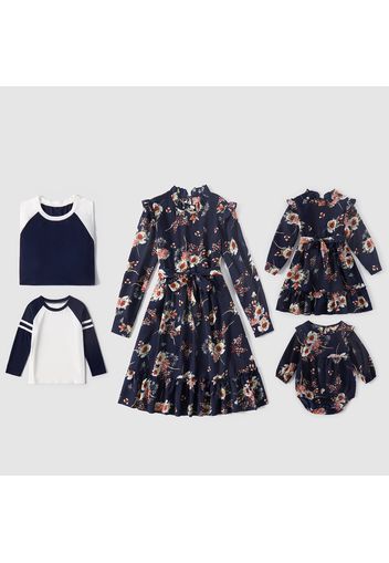 Floral Print Dark Blue Long Sleeve Family Matching Sets（Frilly Belted Dresses and Colorblock T-shirts）