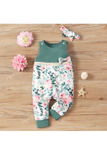 2pcs Baby Girl Solid Sleeveless Splicing Floral Print Bowknot Jumpsuit Set