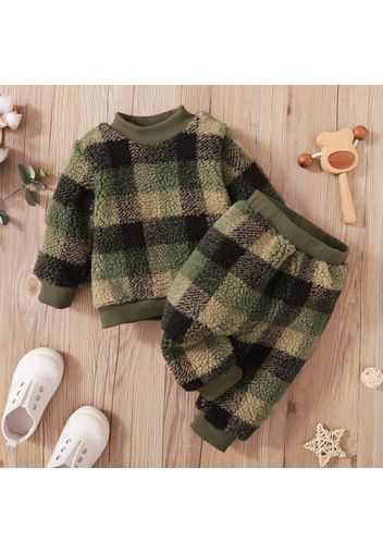 2-piece Toddler Boy Plaid Fuzzy Pullover Sweatshirt and Pants Set