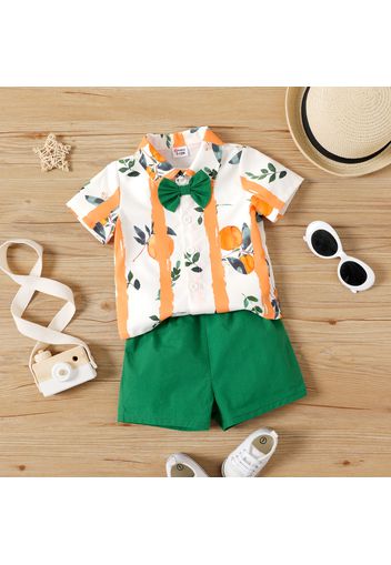 2pcs Baby Boy 100% Cotton Shorts and All Over Fruit Print Short-sleeve Bow Tie Shirt Set