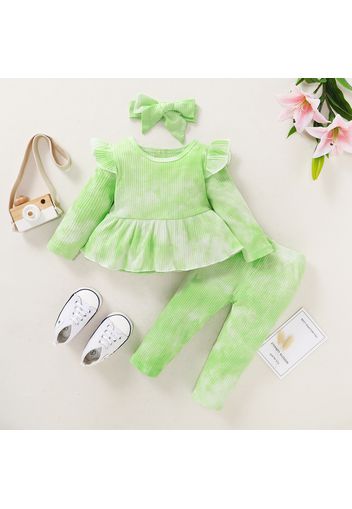 Ribbed 3pcs Tie Dyed Ruffle Decor Long-sleeve Baby Set