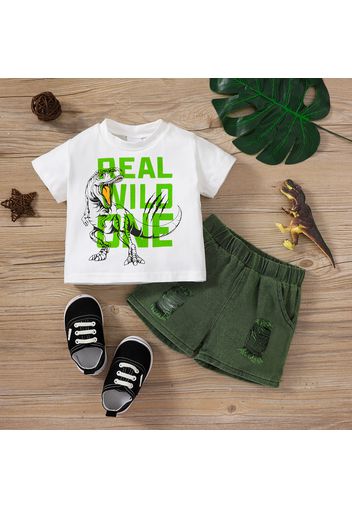 2pcs Baby Boy 100% Cotton Ripped Denim Shorts and Dinosaur & Letter Print Short-sleeve T-shirt Set