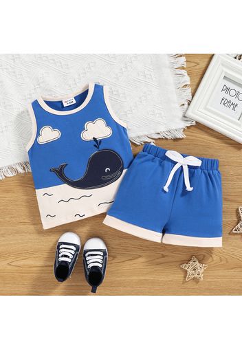 2pcs Baby Boy/Girl Cartoon Whale Colorblock Sleeveless Tank Top and Shorts Set