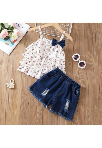 2pcs Toddler Girl Bowknot Design Floral Print Layered Camisole and Ripped Denim Shorts Set