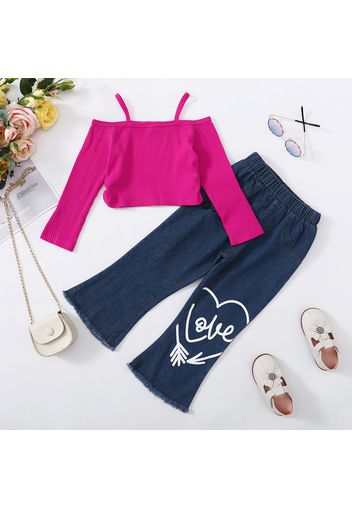 2pcs Toddler Girl Off Shoulder Long-sleeve Cami Tee and Flared Denim Jeans Set