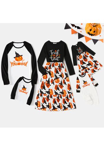 Halloween Family Matching Long-sleeve Letter & Pumpkin Lantern Print Spliced Dresses and Raglan-sleeve T-shirts Sets