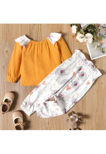 2-piece Toddler Girl Patchwork Off Shoulder Crepe Long-sleeve Top and Heart Elephant Print Paperbag Pants Set