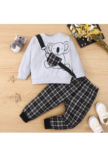 2pcs Toddler Boy Koala Print Pocket Design Sweatshirt and Plaid Pants Set