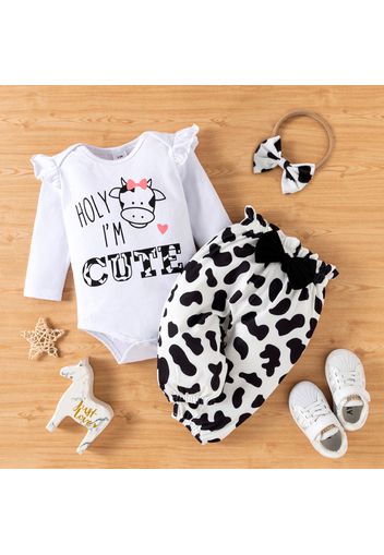 3pcs Baby Girl Letter and Cow Print White Long-sleeve Romper and Bowknot Trousers Set