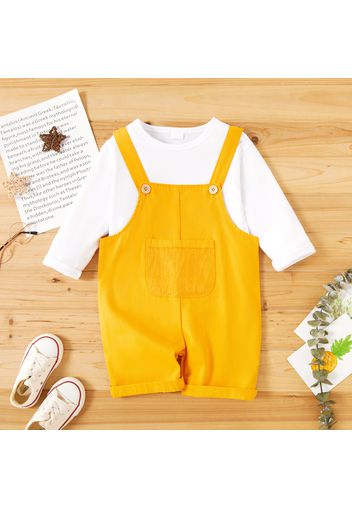 2-piece Toddler Girl/Boy Long-sleeve White T-shirt and Button Design Mesh Pocket Solid Overalls Set