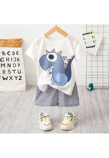 2pcs Baby Boy Cartoon Dinosaur Print Short-sleeve T-shirt and Pinstriped Shorts Set