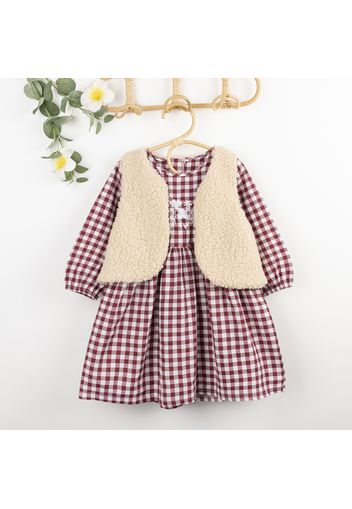 2-piece Toddler Girl 100% Cotton Floral Embroidered Plaid Long-sleeve Dress and Polar fleece Fuzzy Vest Coat Set