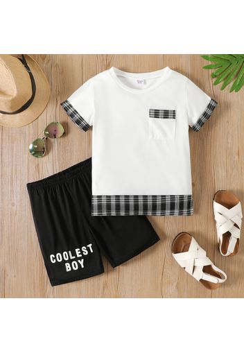 2-piece Kid Boy Plaid Splice Short-sleeve Tee and Letter Print Black Shorts Set