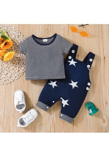 2pcs Baby Boy Pinstriped Short-sleeve Tee and All Over Stars Print Overalls Set