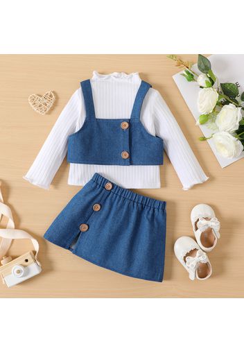 3pcs Baby Girl 100% Cotton Denim Vest and Skirt with Long-sleeve Rib Knit Mock Neck Top Set