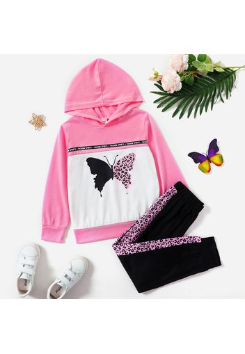 2-piece Kid Girl Butterfly Print Colorblock Hoodie Sweatshirt and Leopard Print Elasticized Pants Set