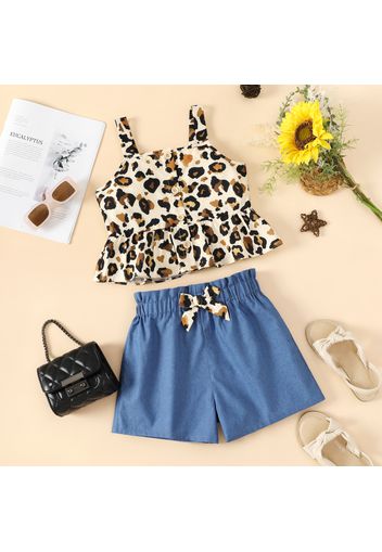 2pcs Kid Girl Leopard Print Button Design Camisole and Bowknot Design Denim Shorts Set