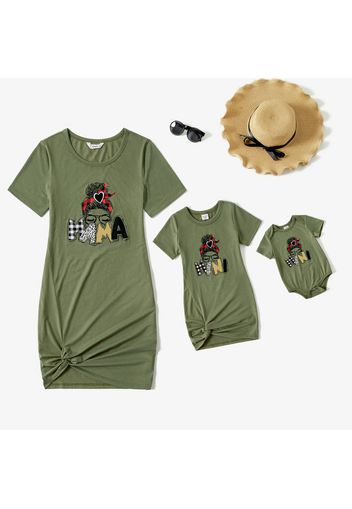 Mommy and Me Characters Letter Print Army Green Short-sleeve Twist Knot T-shirt Dress for Mom and Me