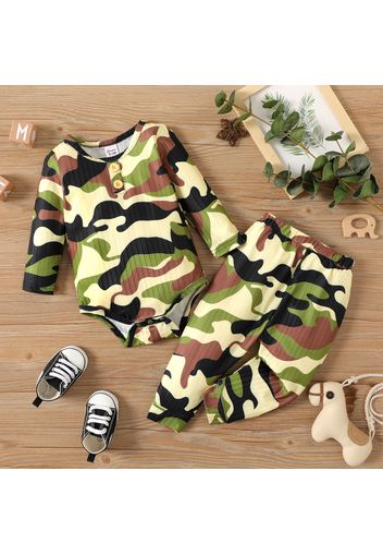 2pcs Baby Boy All Over Army Green Camouflage Long-sleeve Romper and Trousers Set