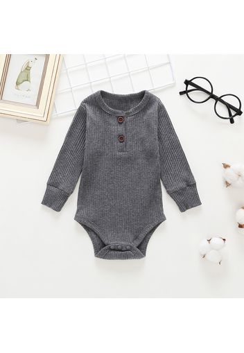 Ribbed Solid Front Button Long-sleeve Baby Romper