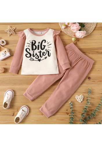 2-piece Toddler Girl Letter Print Ruffled Long-sleeve Top and Solid Color Pants Set