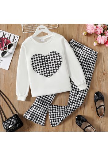 2pcs Kid Girl Heart Embroidered White Sweatshirt and Houndstooth Flared Pants Set