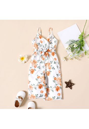 Toddler Girl Floral Print Surplice Neck Belted Slip Jumpsuits