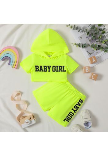 Baby Girl Letter Print Fluorescent Colored Short-sleeve Hooded Crop Top and Shorts Set