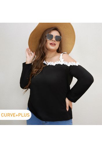 Women Plus Size Elegant Lace Design One Shoulder Strap Long-sleeve Tee