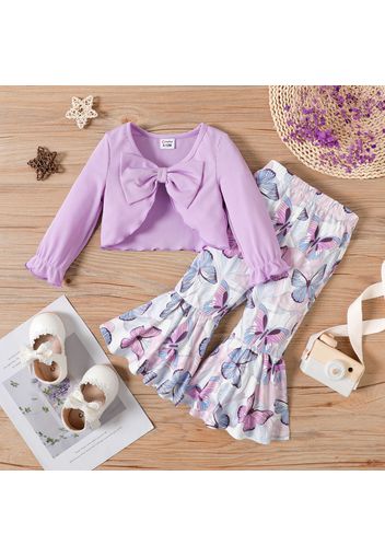 2pcs Baby Girl Rib Knit Bow Front Lettuce Trim Long-sleeve Cardigan and Allover Butterfly Print Flared Pants Set