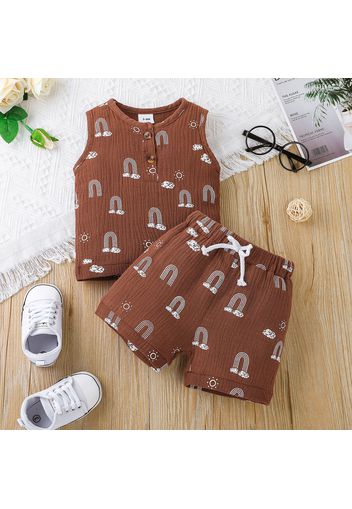 100% Cotton Crepe 2pcs Baby Boy/Girl All Over Rainbow Print Sleeveless Tank Top and Shorts Set