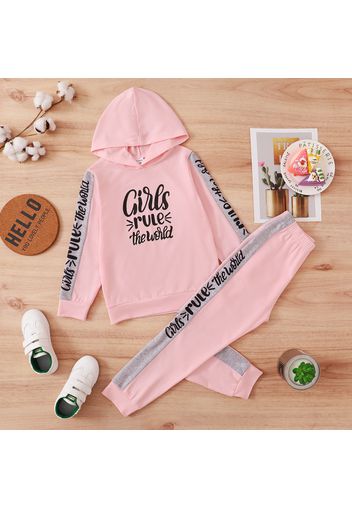 2-piece Kid Girl Letter Print Colorblock Hoodie Sweatshirt and Pants Casual Set