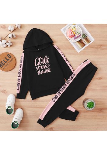 2-piece Kid Girl Letter Print Colorblock Hoodie Sweatshirt and Pants Casual Set