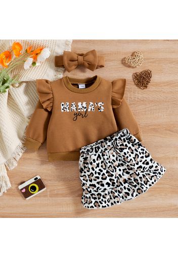 3pcs Baby Girl Letter Print Fleece Lined Ruffle Long-sleeve Sweatshirt with Corduroy Leopard Skirt and Headband Set