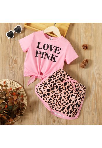 2pcs Toddler Girl Letter Print Tie Knot Short-sleeve Tee and Leopard Print Bowknot Design Shorts Set