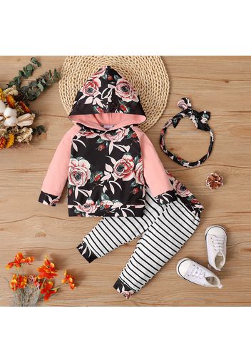 3-piece Baby Girl Floral Print Hoodie Sweatshirt, Stripe Pants and Headband Set