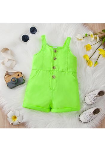 Baby Girl Button Front Fluorescent Green Roll Up Hem Denim Overalls Shorts