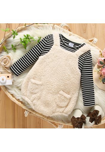 Baby Boy/Girl Black Striped Long-sleeve Faux-two Fuzzy Fleece Romper